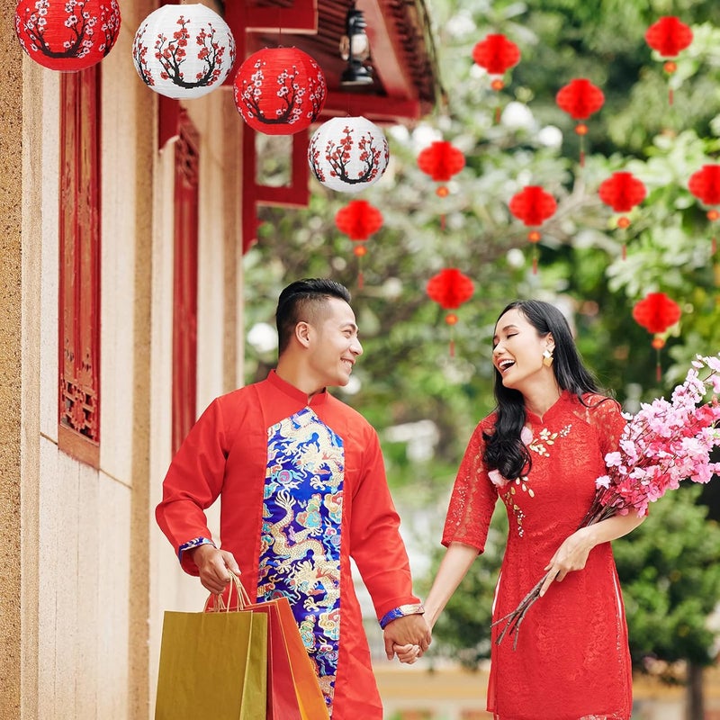 Fumete 20 Pcs 12" Chinese Japanese Paper Lanterns and 8" Red Chinese New Year Lanterns Japanese Hibachi Party Decor Cherry Blossom Hanging Decorations for Spring Festival Home Restaurant(Red, White) - Image 5